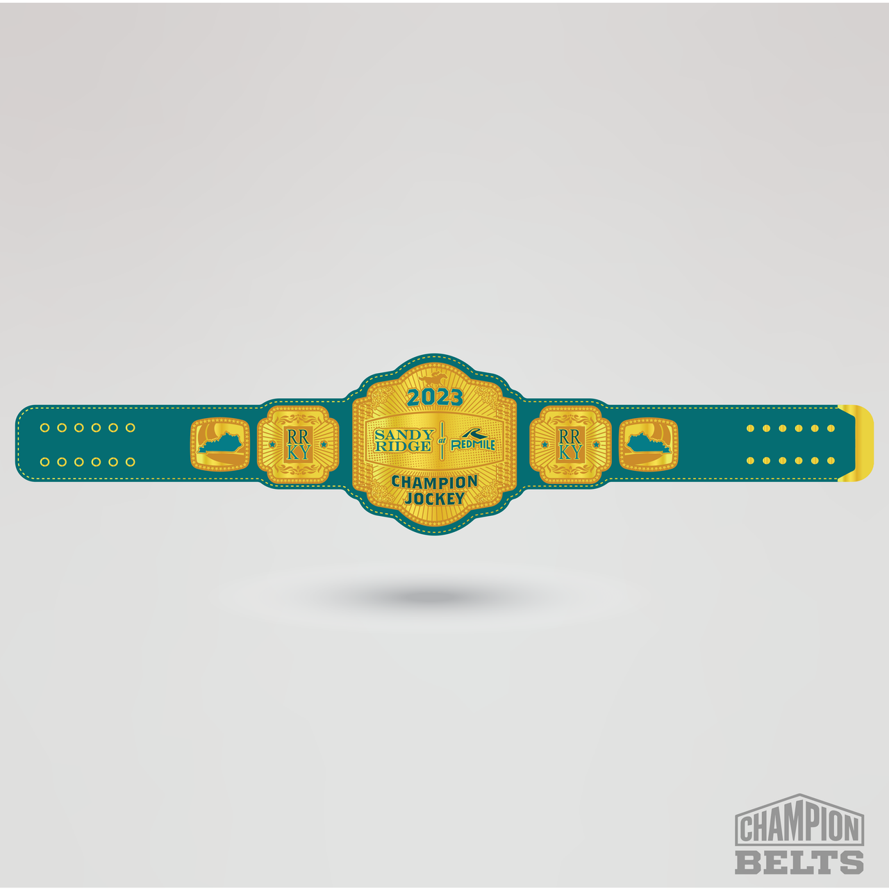 2023 Sandy Ridge at Red Mile Champion Jockey championship belt with gold plates and teal leather strap