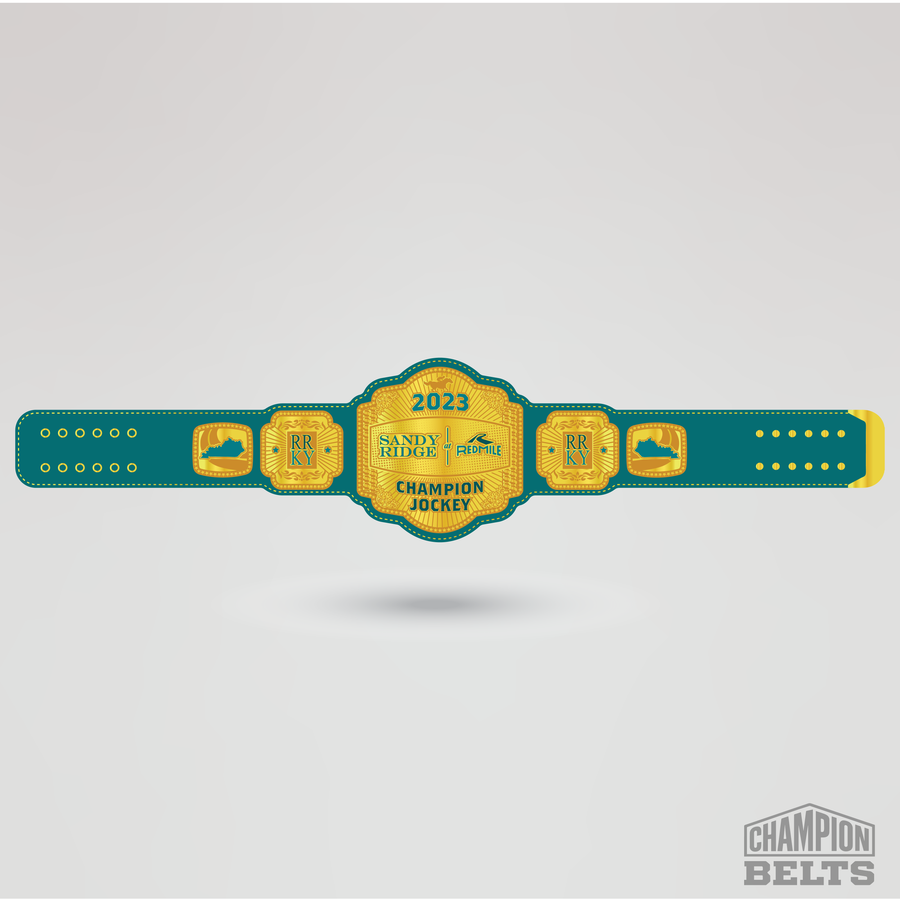 2023 Sandy Ridge at Red Mile Champion Jockey championship belt with gold plates and teal leather strap