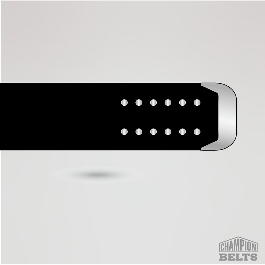 Premium black championship belt strap with silver buckle and adjustment holes
