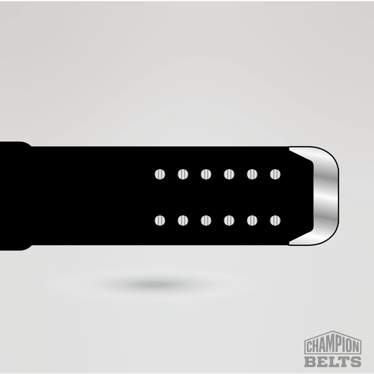Black wrestling championship strap with silver snap buttons and metallic belt tip