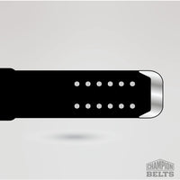 Black wrestling championship strap with silver snap buttons and metallic belt tip