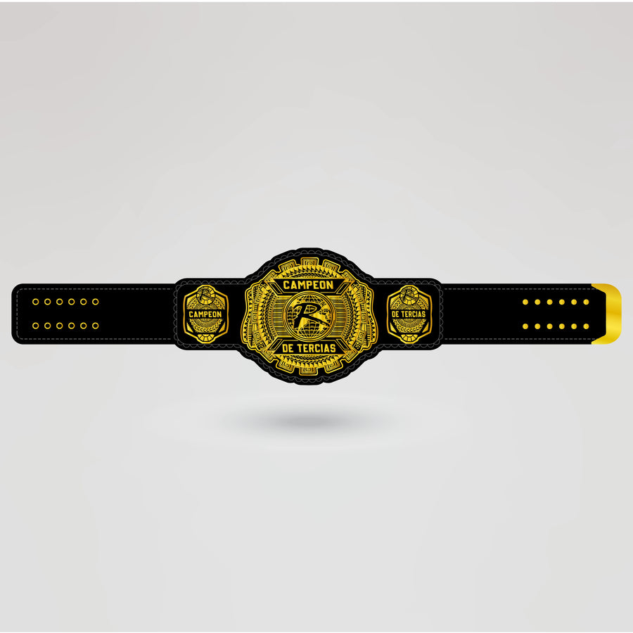 Finished design showcasing the gold main plate and side plates of the Campeón de Tercias belt