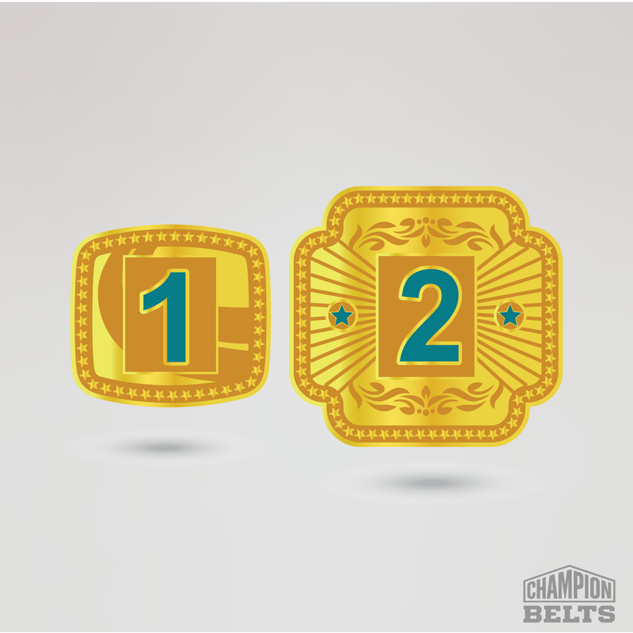 Decorative gold championship side plates featuring customizable number one and number two designs