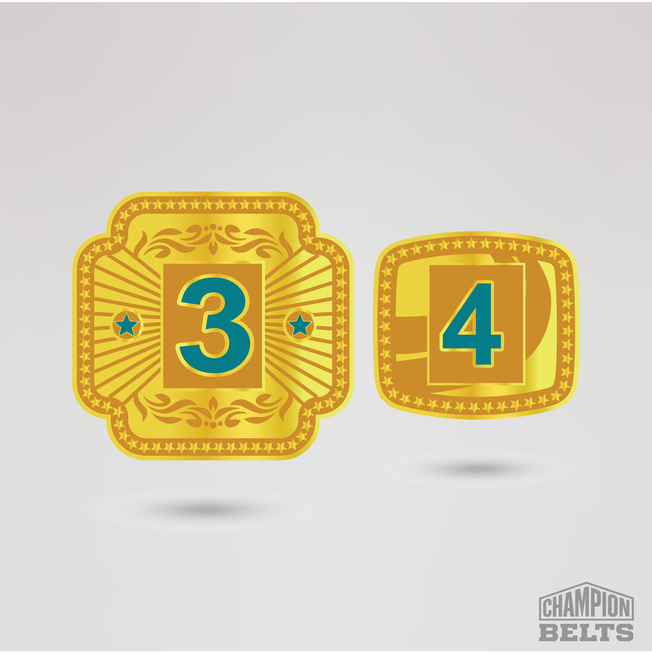 Decorative gold championship side plates featuring customizable number three and number four designs