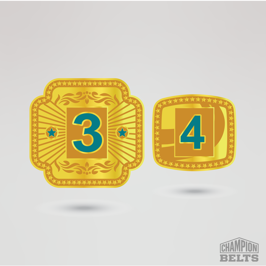 Decorative gold championship side plates featuring customizable number three and number four designs