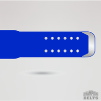 Blue championship belt strap with adjustment holes and silver metal tip