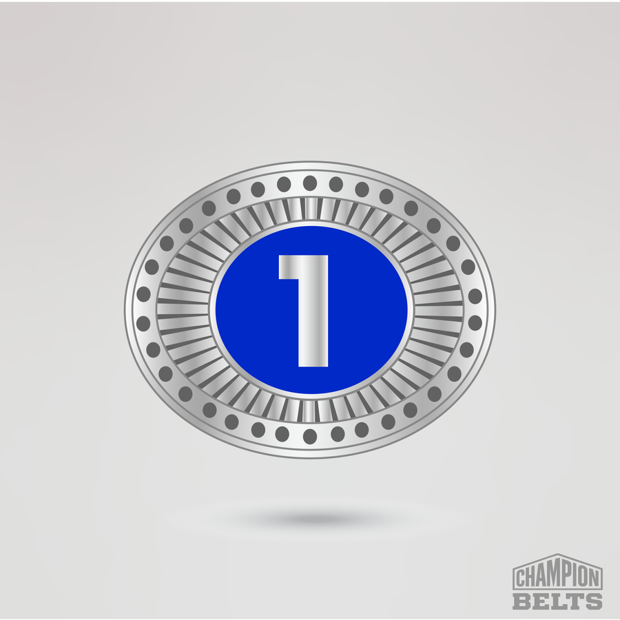 Silver and blue oval side plate featuring the number one design