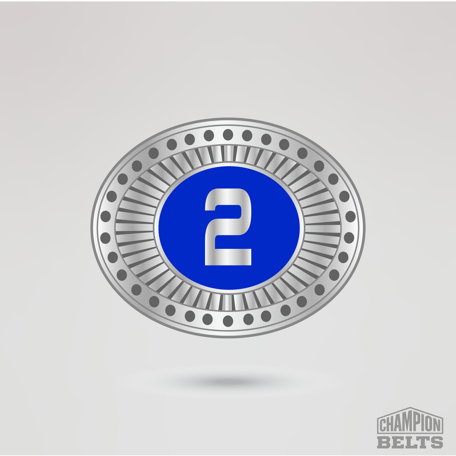 Silver and blue oval side plate featuring the number two design