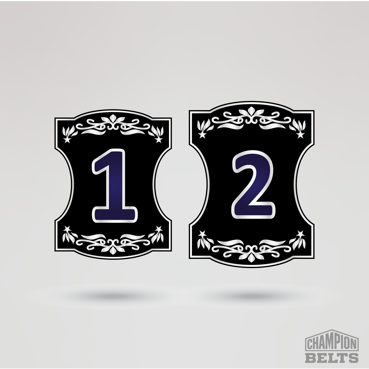 Custom numbered side plates for a wrestling championship belt with silver and purple accents