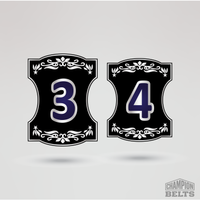 Custom wrestling championship side plates featuring decorative silver borders and numbered designs
