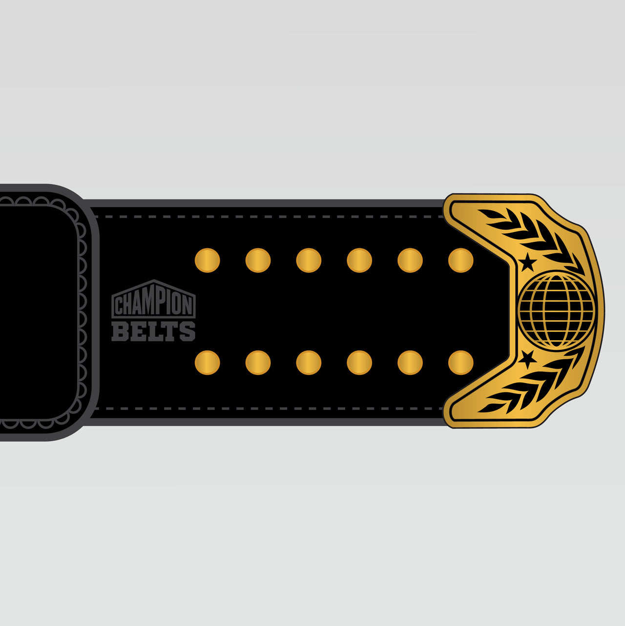 Black championship belt strap with gold snap buttons and decorative tip plate