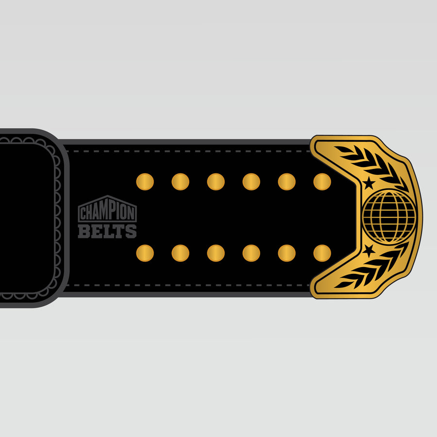 Black championship belt strap with gold snap buttons and decorative tip plate