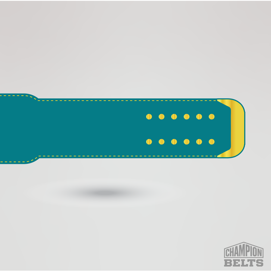Premium teal championship belt strap with gold buckle tip and adjustment holes