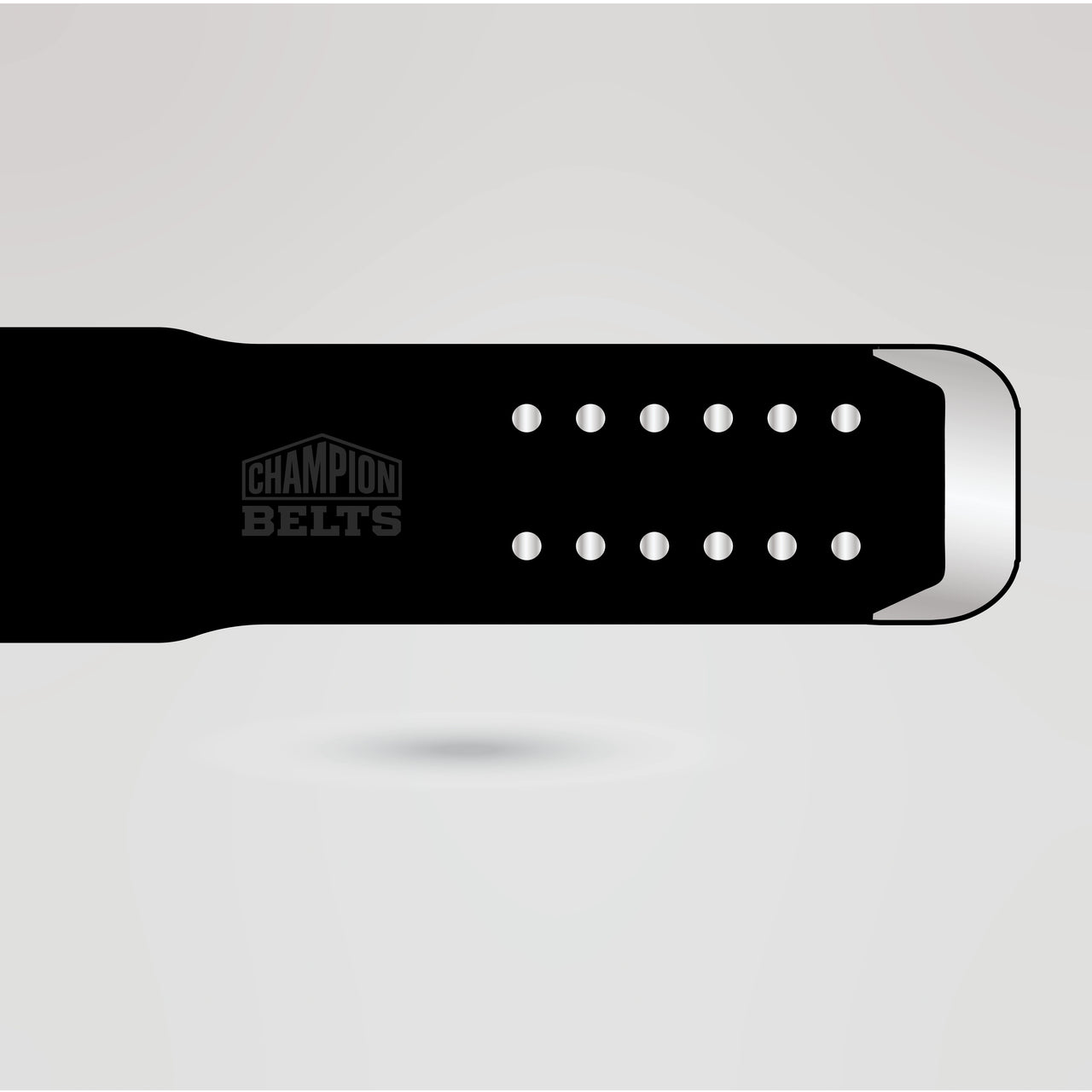 Black leather championship belt strap with silver snap buttons and metal tip detail