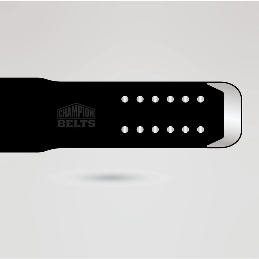 Black leather championship belt strap with silver snap buttons and metal tip detail