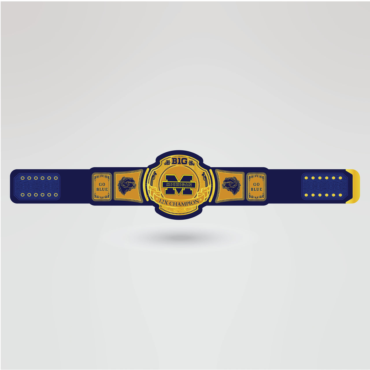 Finished design of Michigan Big 12X Champion Wrestling Belt with custom artwork and logo.