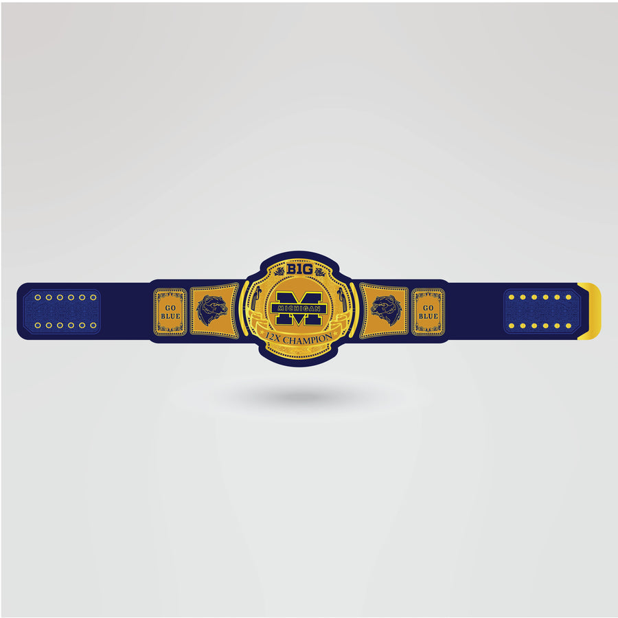 Finished design of Michigan Big 12X Champion Wrestling Belt with custom artwork and logo.