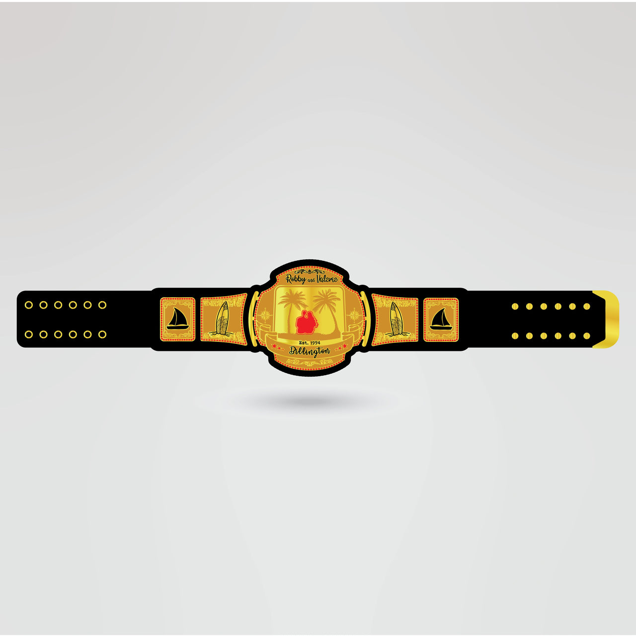 Final design of the Robby and Island championship belt showcasing custom artwork and logo.
