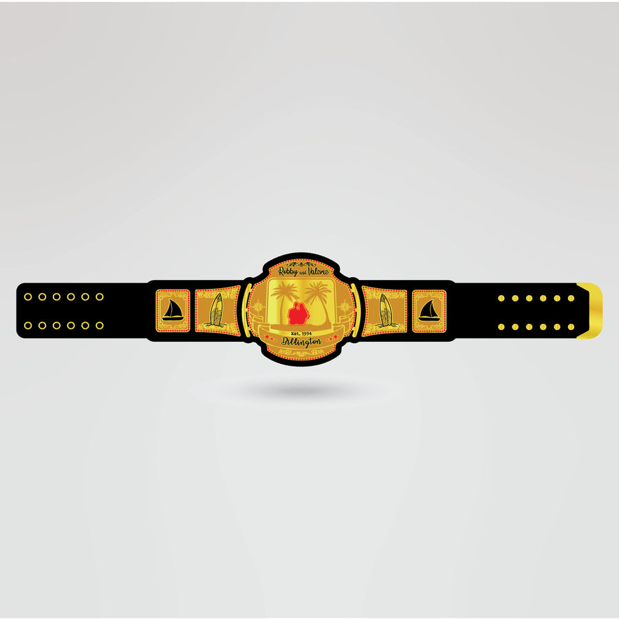 Final design of the Robby and Island championship belt showcasing custom artwork and logo.