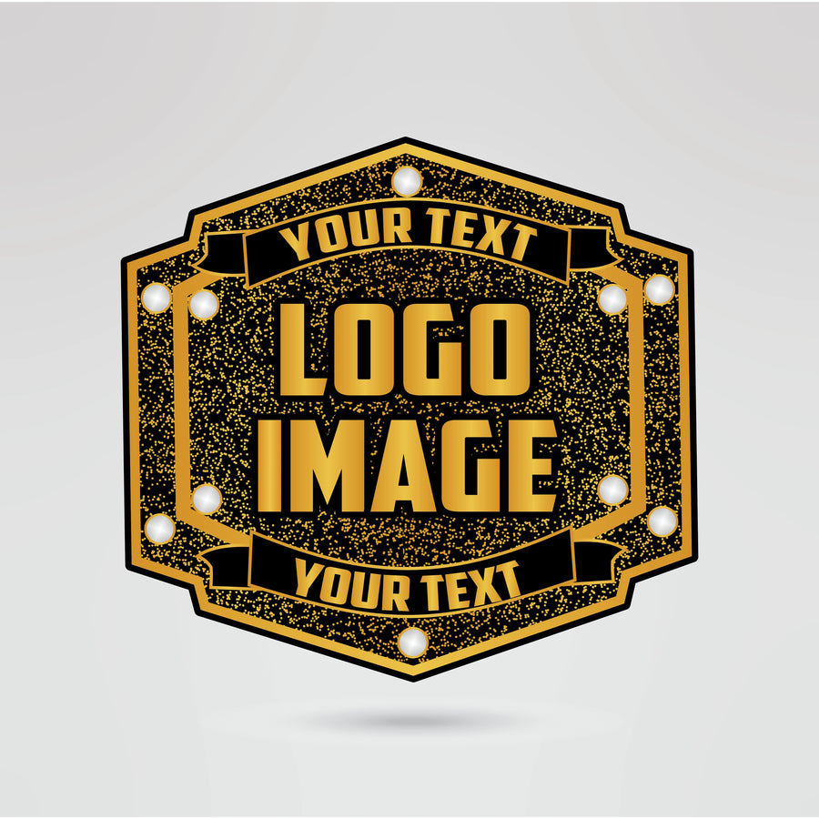 Main plate of the custom Arkansas War Eagles championship belt with space for logos and text.