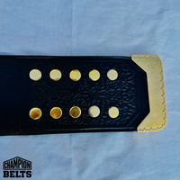 Black bowling championship belt strap with gold-tone fastening hardware and adjustable snap closure