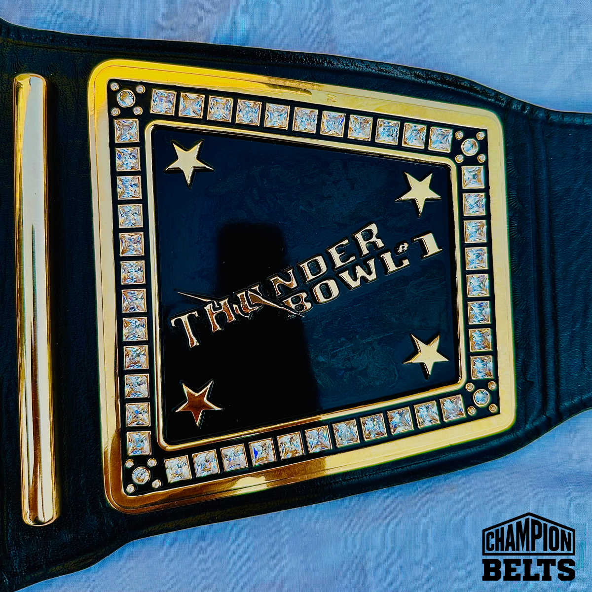 Custom bowling championship belt right side plates with personalized logos, numbers, lettering, and decorative crystal accents