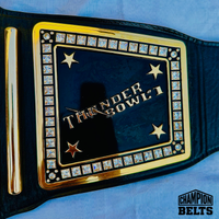 Custom bowling championship belt right side plates with personalized logos, numbers, lettering, and decorative crystal accents