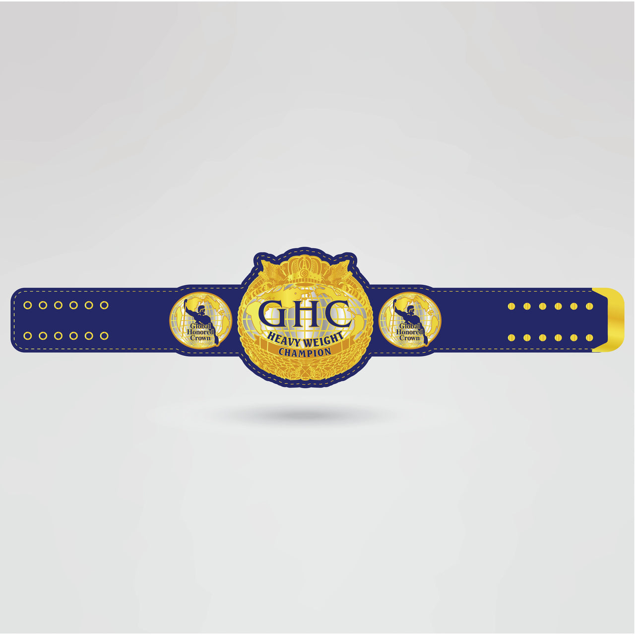Real-life design of a custom GHC Heavyweight Championship belt with a logo.