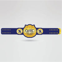 Real-life design of a custom GHC Heavyweight Championship belt with a logo.