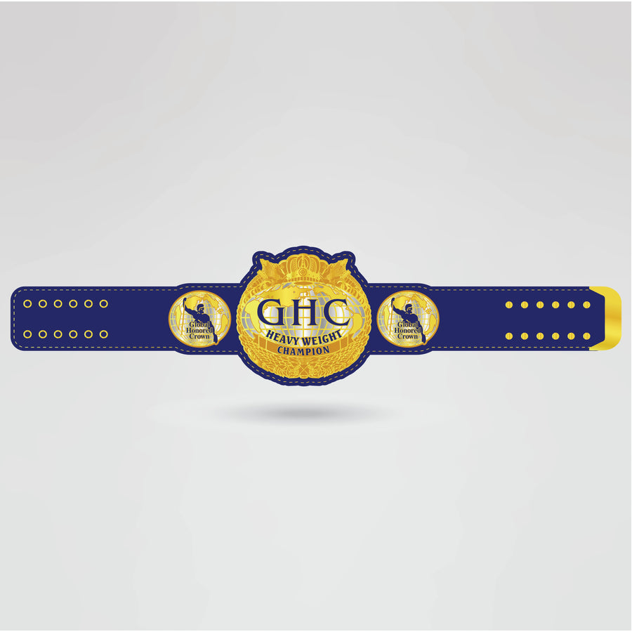Real-life design of a custom GHC Heavyweight Championship belt with a logo.