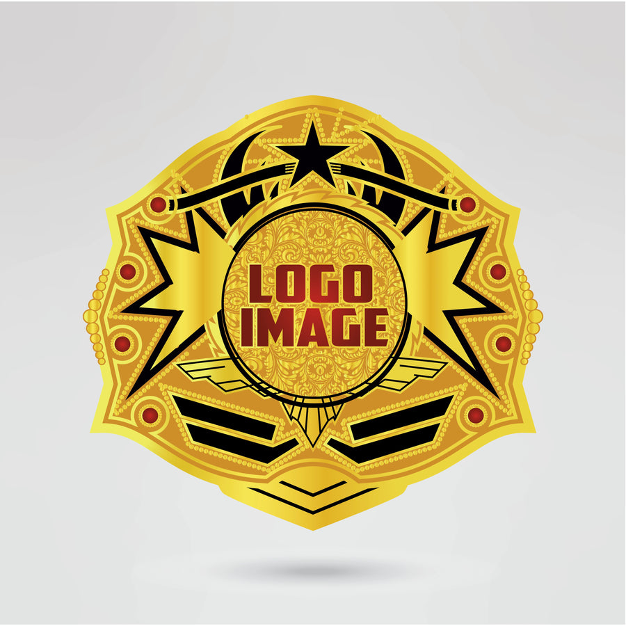 Main plate of the Custom Kiss Wrestling Championship Belt featuring bold Kiss branding with intricate gold detailing.