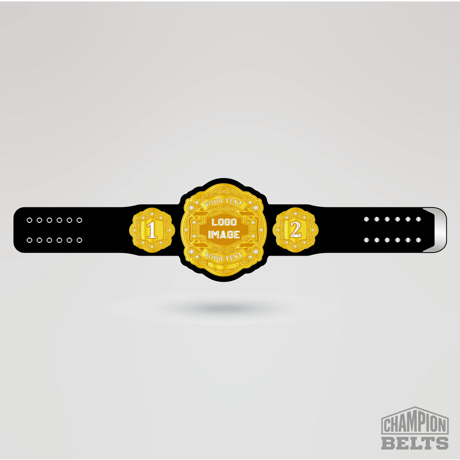 Custom Legacy championship belt with editable logo image, personalized text, and side plates