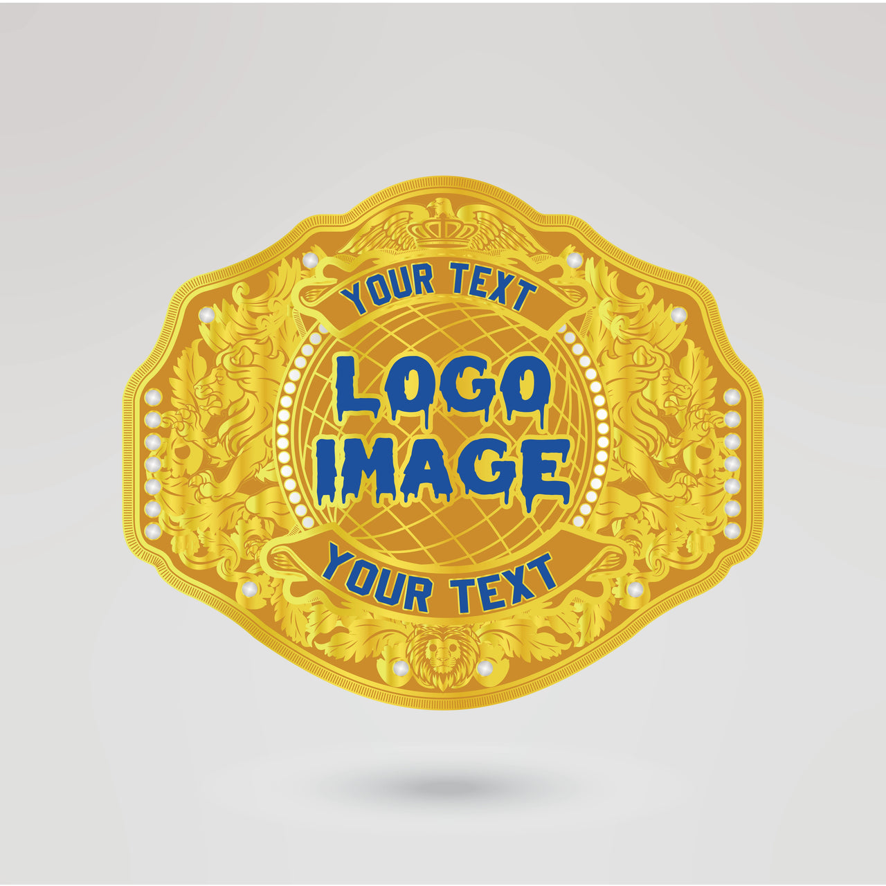 Customizable main plate for Lions International championship belt featuring space for logos and text.