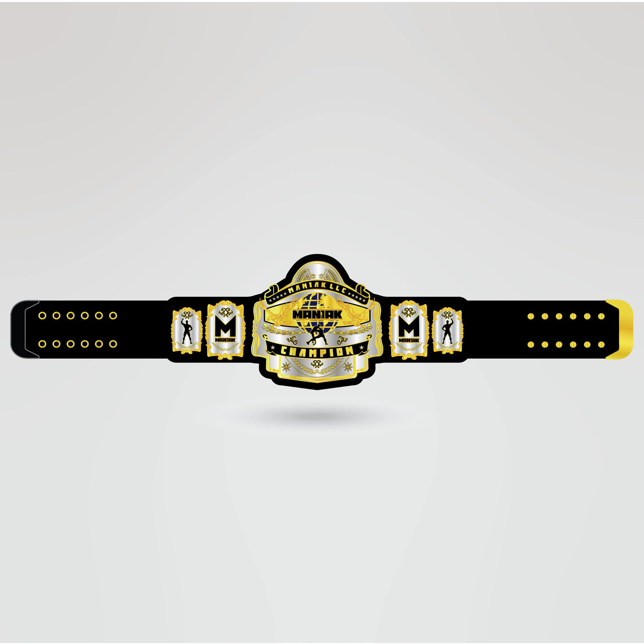 Finished design of Maniak championship belt with gold and black finish and personalized logo.