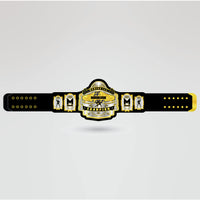 Finished design of Maniak championship belt with gold and black finish and personalized logo.