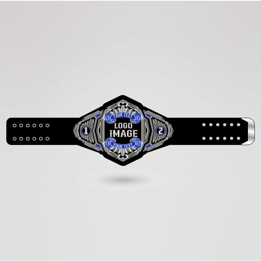 Layout guide for personalizing the Minigolf Championship Belt, including logo and text areas.