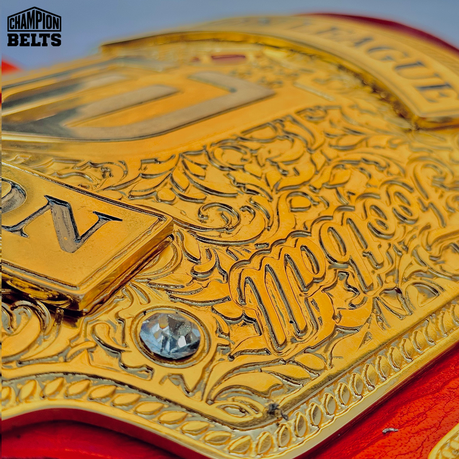 Custom Moon League championship belt plate design showing customizable areas for logos, flags, text, graphics, and sports elements