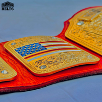 Custom Moon League championship belt left side plate with customizable flag design, gold detailing, crystal accents, and red strap