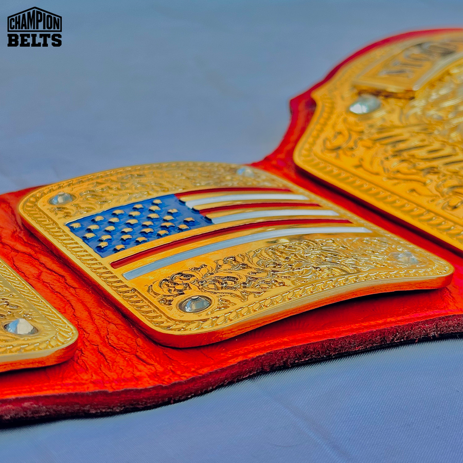 Custom Moon League championship belt left side plate with customizable flag design, gold detailing, crystal accents, and red strap