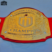 Custom Moon League Championship Belt main plate with gold detailing, raised Champion lettering, sports logo, crystal accents, and personalized nameplate