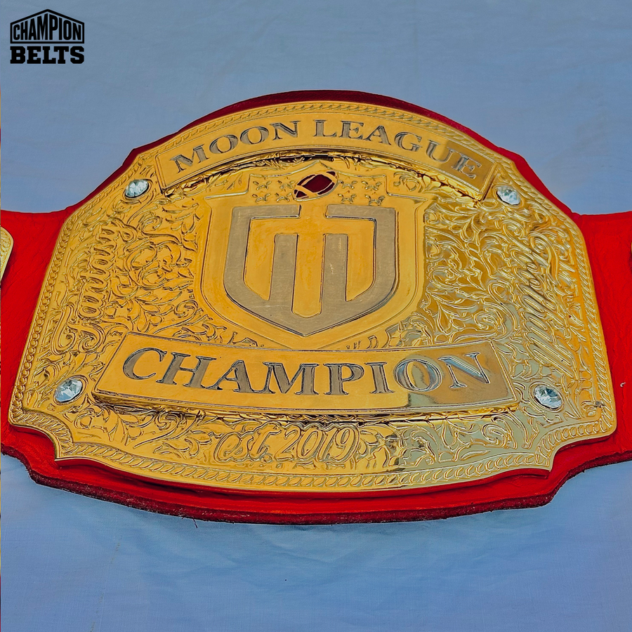 Custom Moon League Championship Belt main plate with gold detailing, raised Champion lettering, sports logo, crystal accents, and personalized nameplate