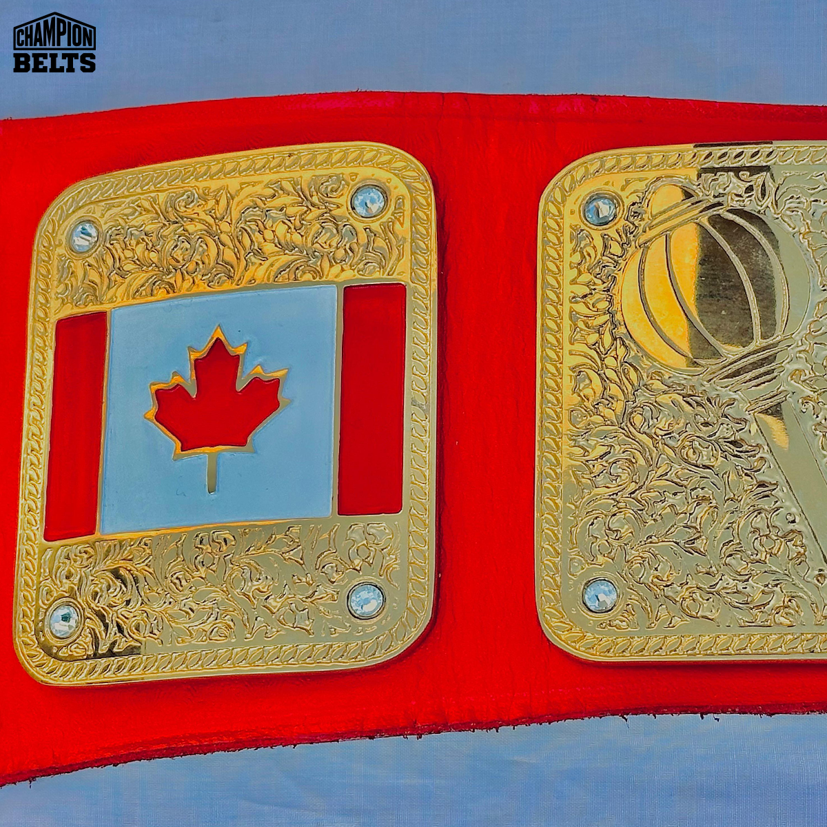 Custom Moon League championship belt right side plates with basketball design, ornate gold detailing, crystal accents, and customizable graphics