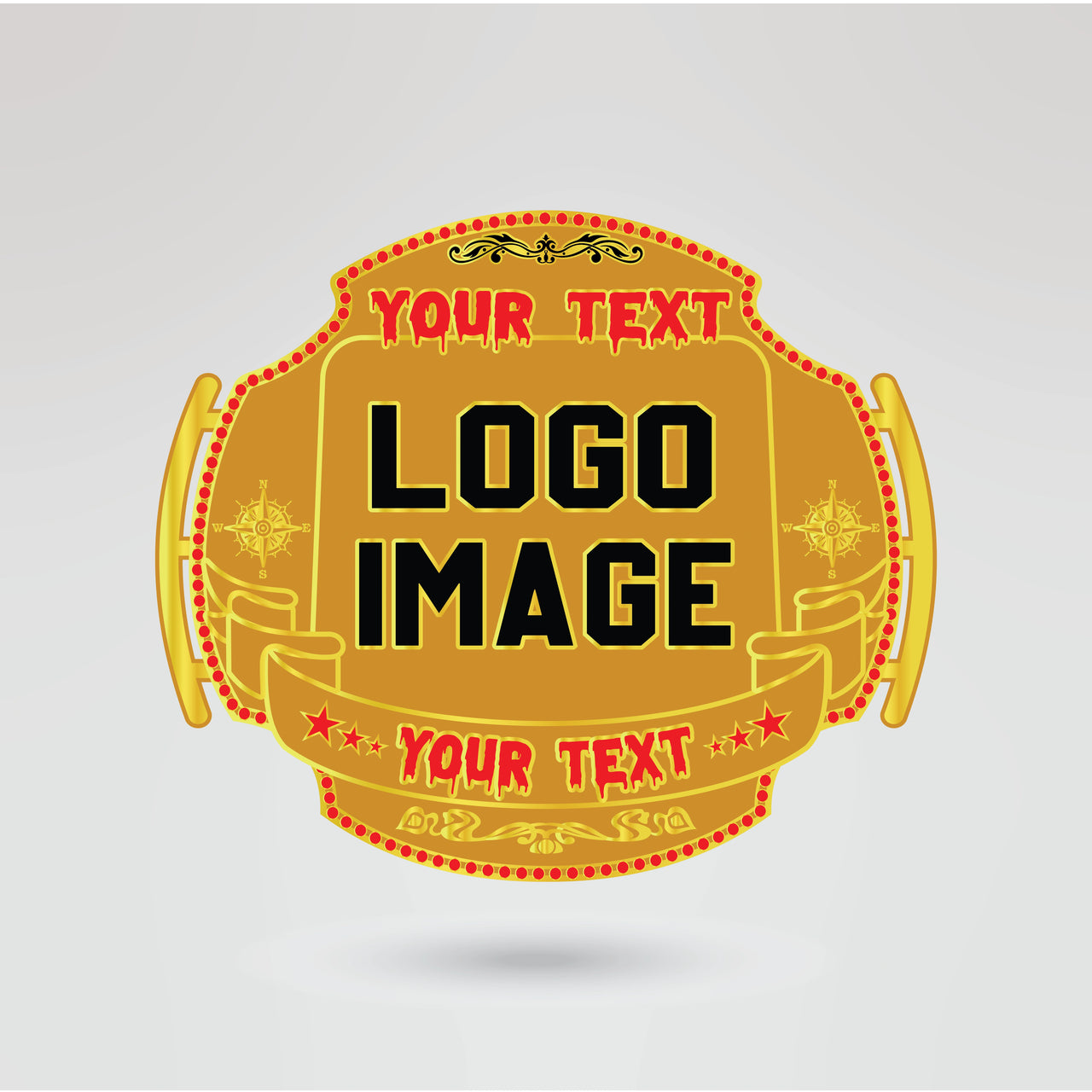 Customizable main plate for Robby and Island championship belt featuring space for logos and text.