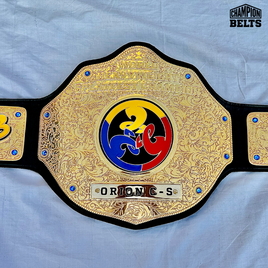 Custom Splatfest championship belt customization template showing areas for personal logos, text, icons, graphics, and design elements