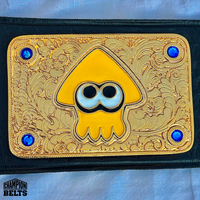 Custom Splatfest championship belt left side plates with detailed gold design, blue crystal accents, and customizable plate areas