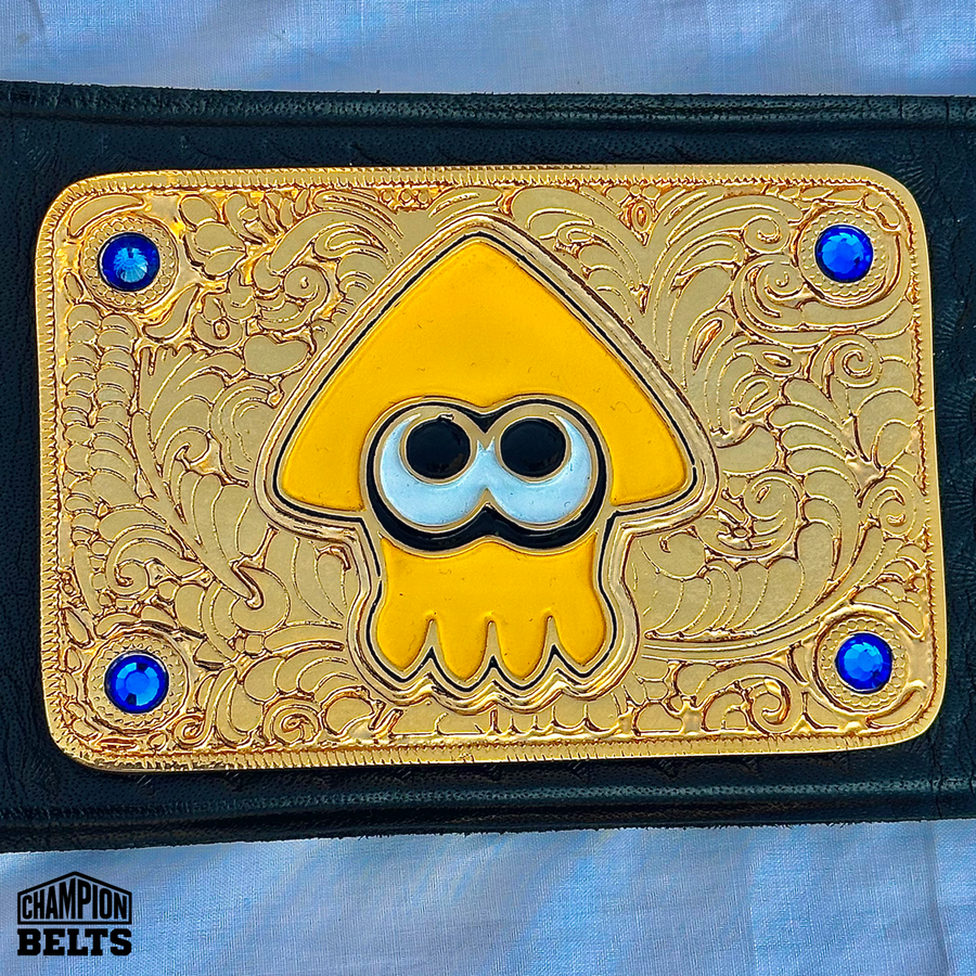 Custom Splatfest championship belt left side plates with detailed gold design, blue crystal accents, and customizable plate areas