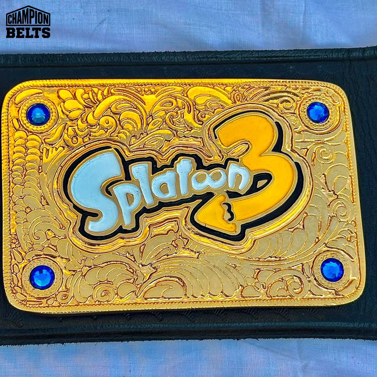 Custom Splatfest championship belt right side plates with gold detailing, blue crystal accents, and customizable logo and text areas