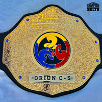 Custom Splatfest World Heavyweight Championship Belt main plate with detailed gold engraving, colorful logo, blue crystal accents, and nameplate