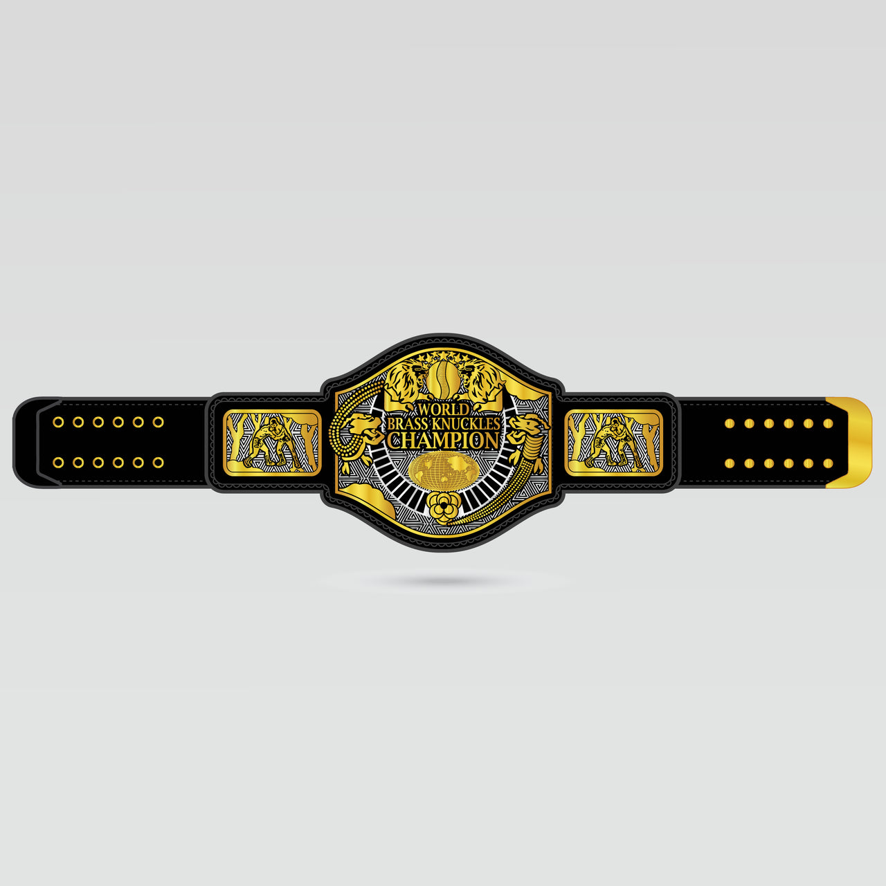Custom World Brass Knuckles Champion Belt with gold center plate and black championship strap