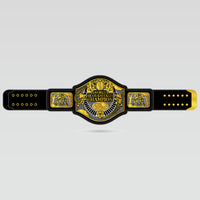 Custom World Brass Knuckles Champion Belt with gold center plate and black championship strap